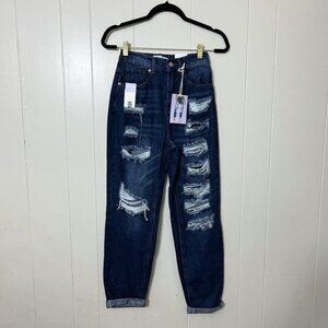 WAX Jeans Distressed Mom Jeans Dark Wash Size S NWT High Rise Trendy Denim